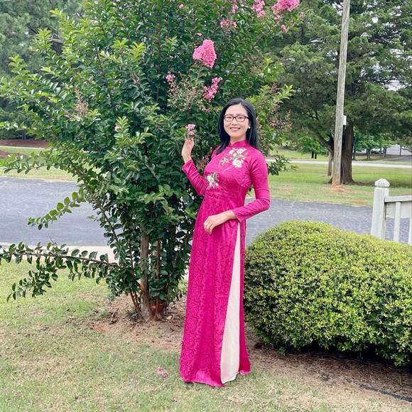 New Ao dai gam theu Vietnamese traditional long dress set M 2 cream 🎁 kem medium - Picture 4 of 6